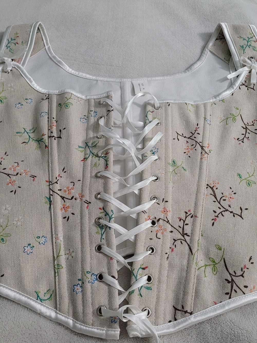Floral Lace-Up Cotton Corset Vest in Cream XL